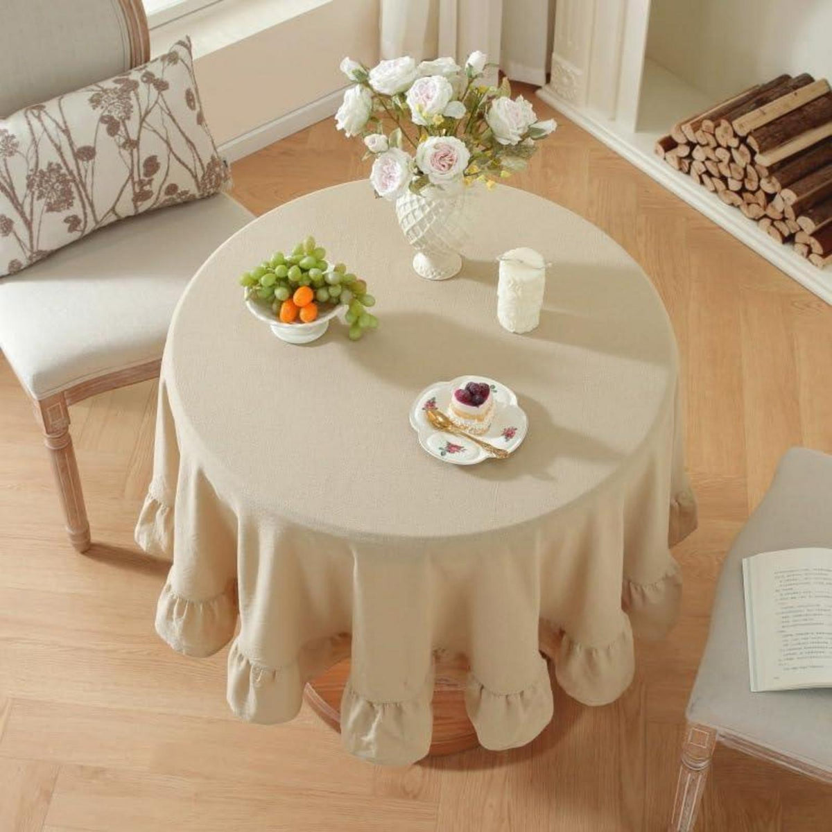 Baumwoll-Leinen Tischdecke Rüschen 140x300cm – Landhausstil