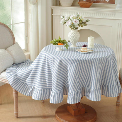 Baumwoll-Leinen Tischdecke Rüschen 140x300cm – Blau-Weiß, Landhausstil