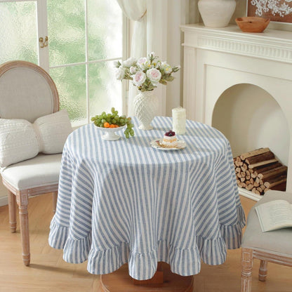 Baumwoll-Leinen Tischdecke Rüschen 140x300cm – Blau-Weiß, Landhausstil