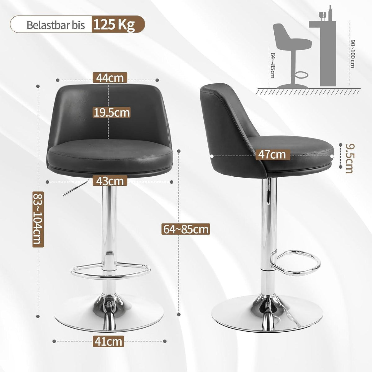 Barhocker Set 2er – Höhenverstellbar, Schwarz in Lederoptik