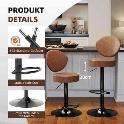 Höhenverstellbarer Barhocker mit Rückenlehne – 4er Set Braun