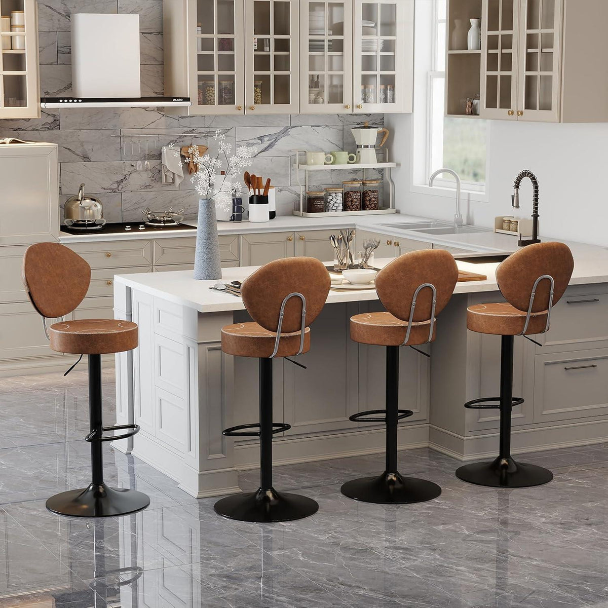 Höhenverstellbarer Barhocker mit Rückenlehne – 4er Set Braun