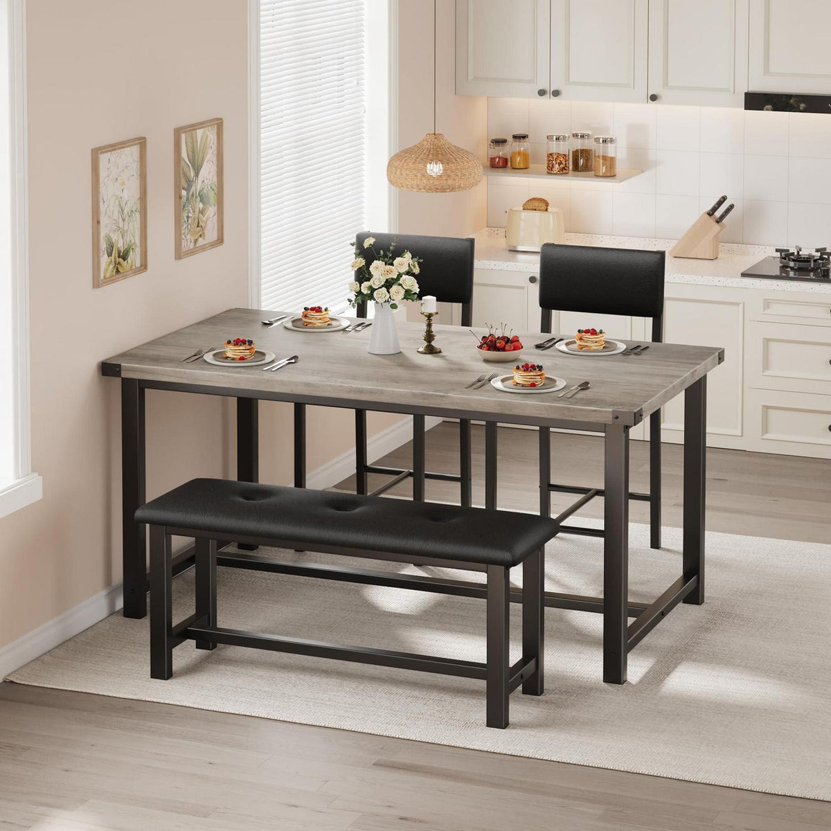 Esszimmer Set Grau mit Tisch, 2 Stühlen & Bank – Platzsparend