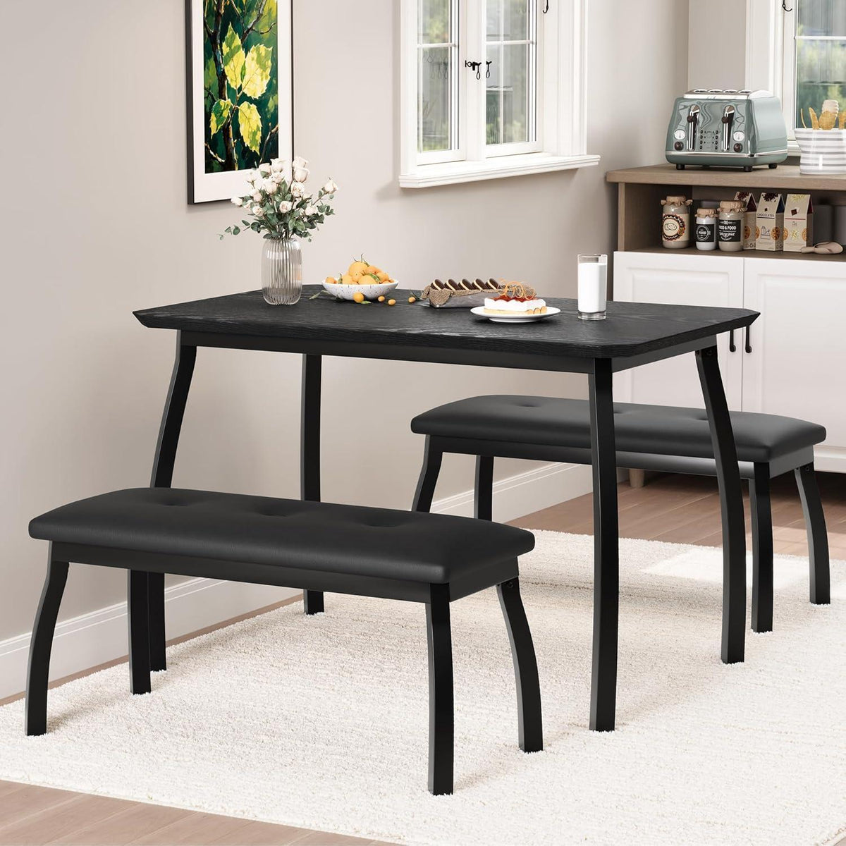 Esszimmer Set mit Banken | Küchentisch Holz 110x70x76 cm Schwarz