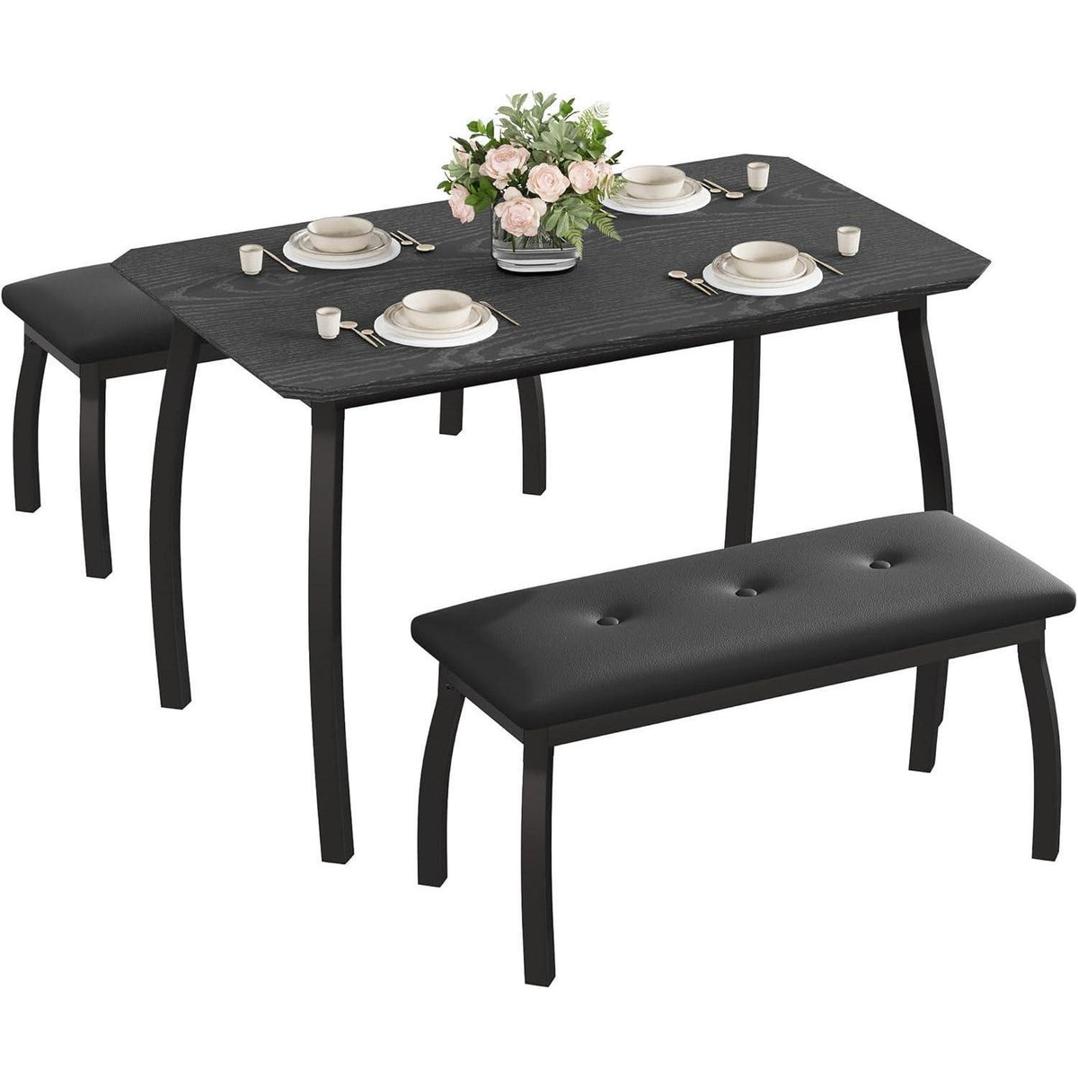 Esszimmer Set mit Banken | Küchentisch Holz 110x70x76 cm Schwarz