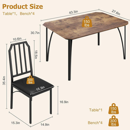 Esszimmer Set Holz 110x70 cm mit 4 gepolsterten Stühlen Vintage Braun