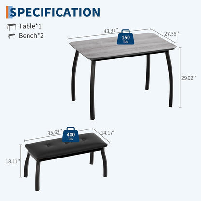 Esszimmer Set Grau – Küchentisch mit 2 Bänken (110x70x76 cm)