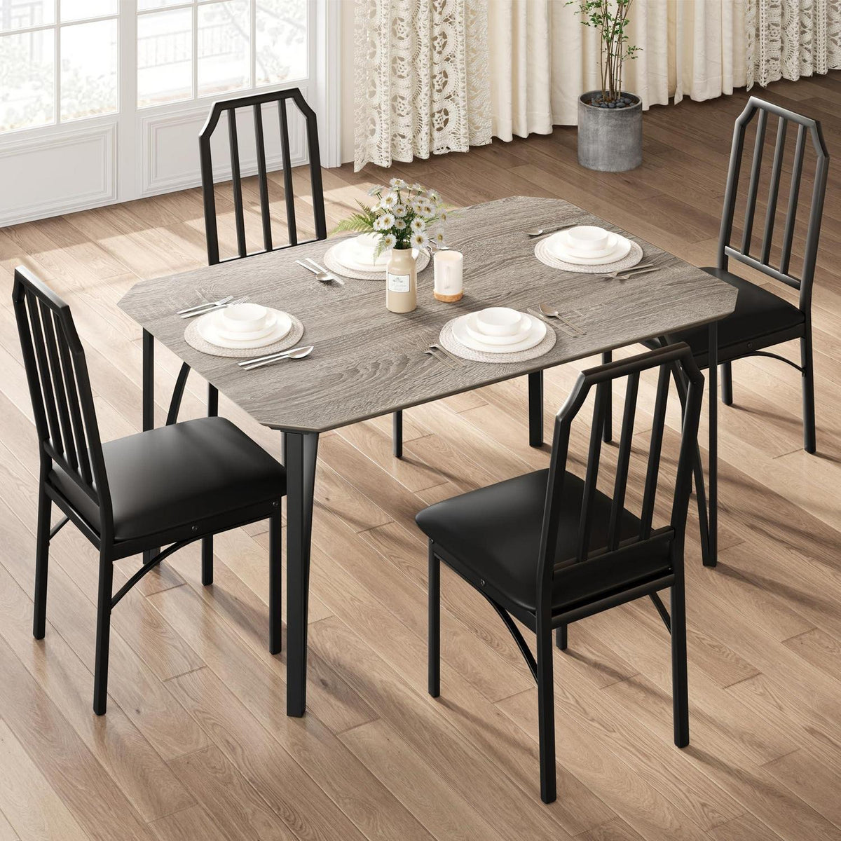 Holz Esstisch Set mit 4 gepolsterten Stühlen – Grau