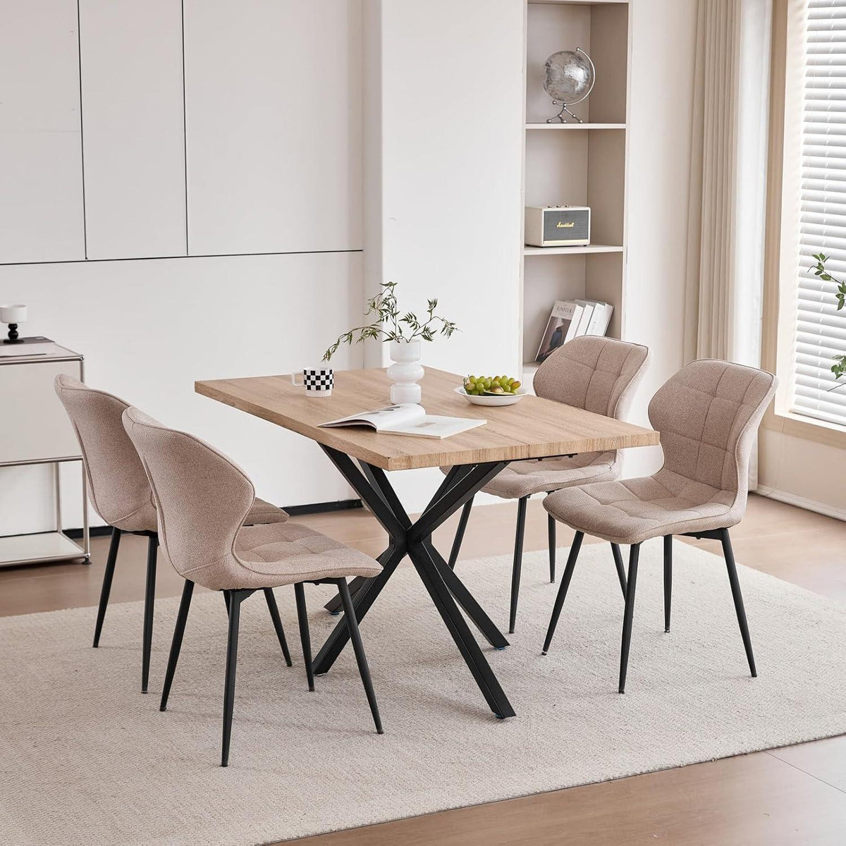 Modernes Esszimmer-Set: Tisch (140x80cm) + 4 Khaki Leinenstühle