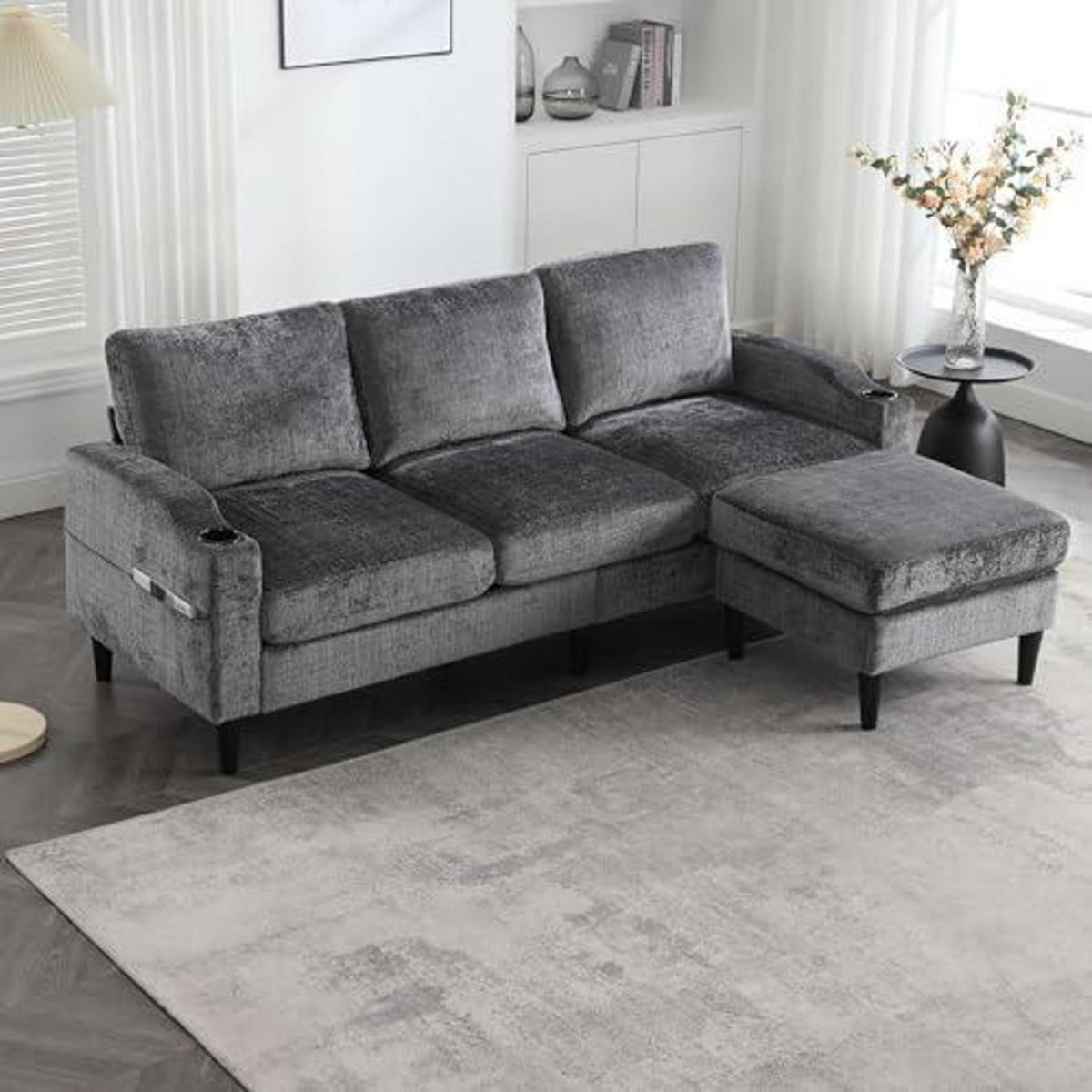 Ecksofa mit Schlaffunktion, 4-Sitzer, Schwarz
