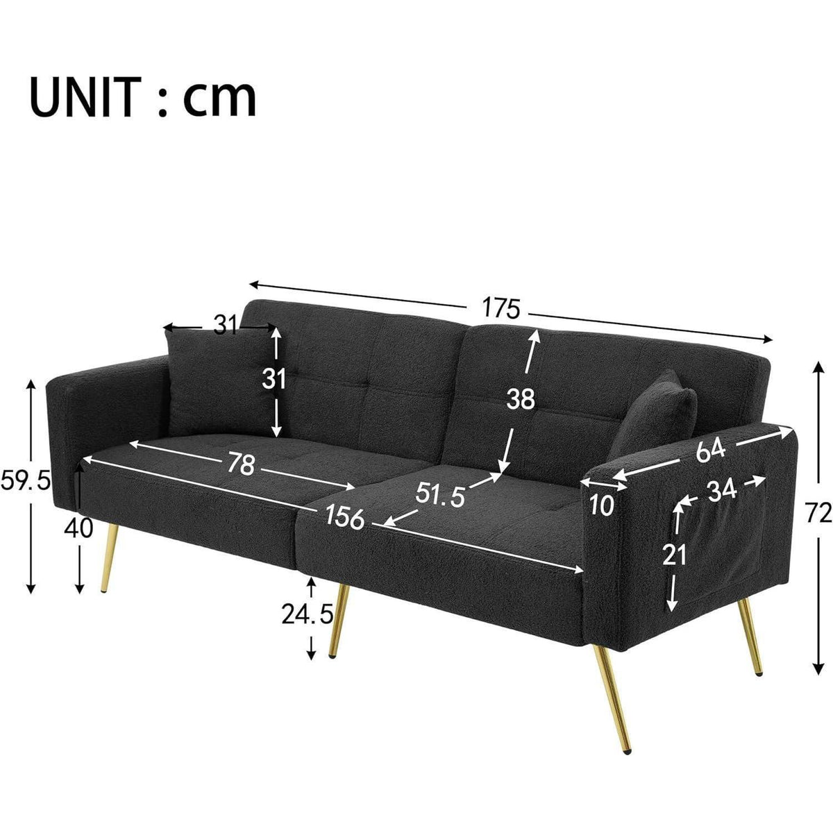 Schlafsofa mit verstellbarer Rückenlehne & goldenen Beinen (Grau)