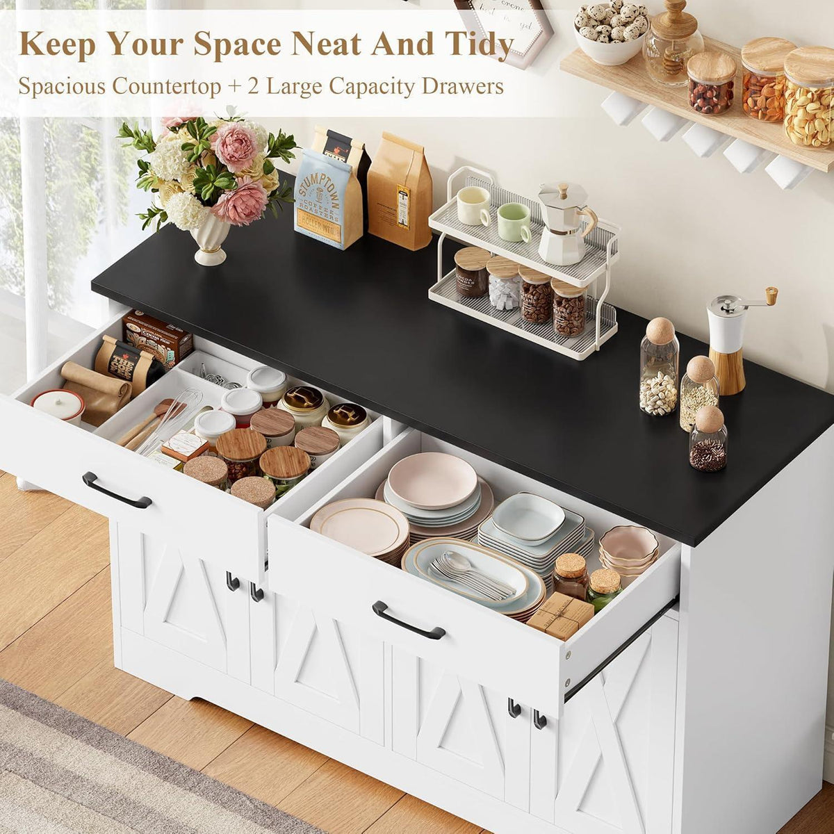 Sideboard 120cm mit Arbeitsplatte – Küchenschrank Weiß & Schwarz