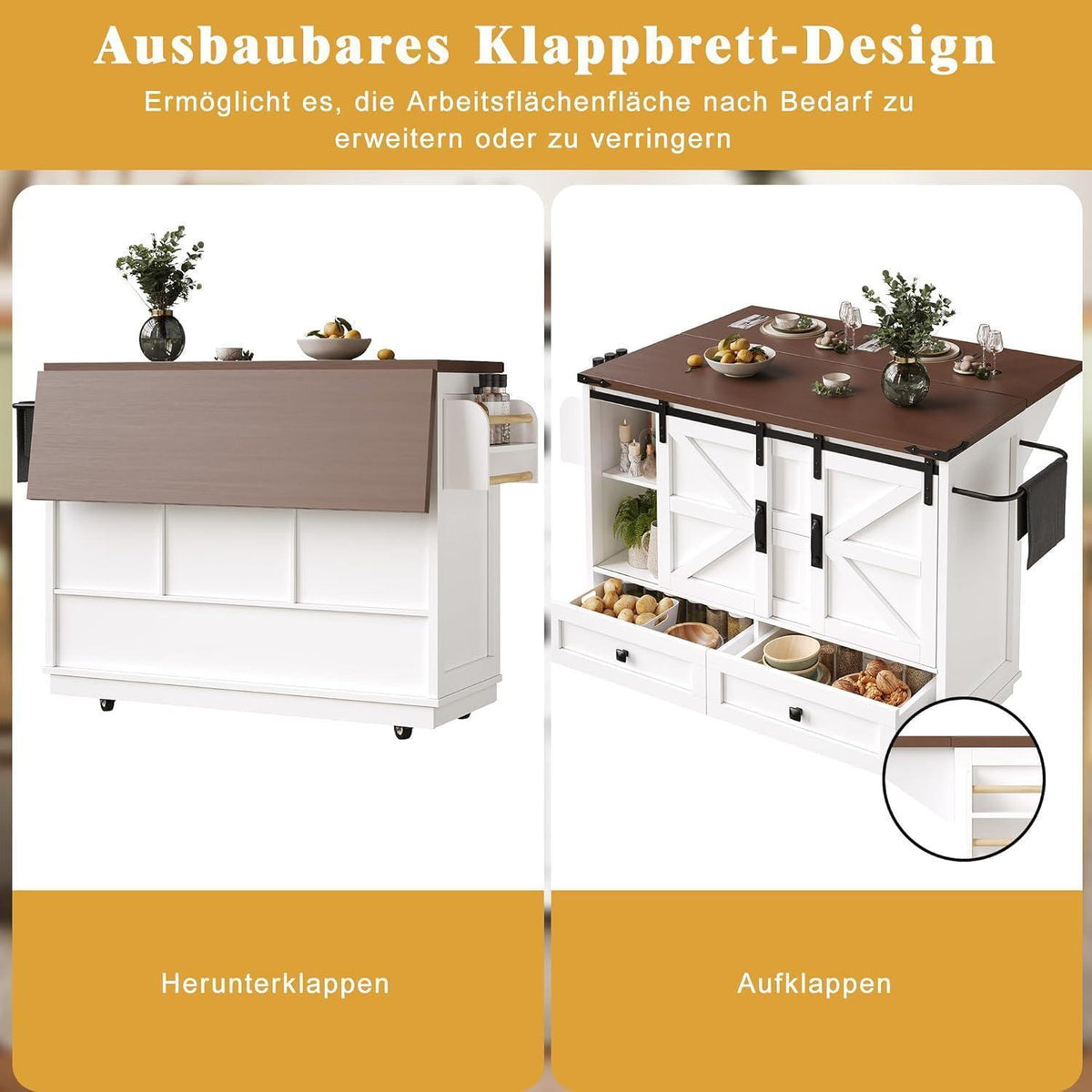 Küchenwagen mit Klappplatte & Regalen – Mobile Kücheninsel Weiß