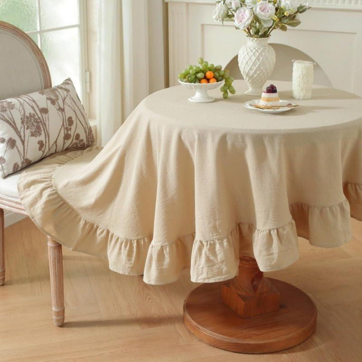 Baumwoll-Leinen Tischdecke Rüschen 152x305cm – Beige Landhausstil