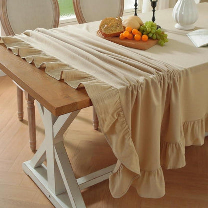 Baumwoll-Leinen Tischdecke Rüschen 152x305cm – Beige Landhausstil