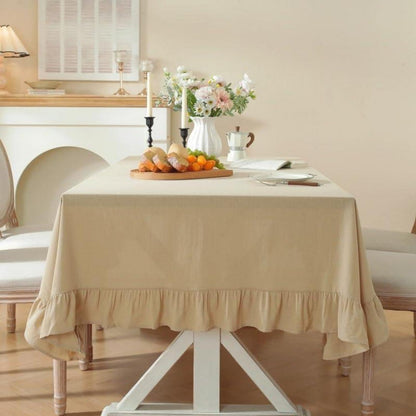 Baumwoll-Leinen Tischdecke Rüschen 152x305cm – Beige Landhausstil
