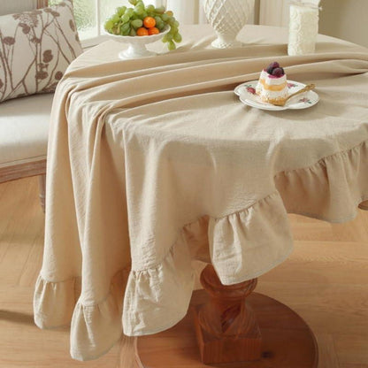 Baumwoll-Leinen Tischdecke Rüschen 152x305cm – Beige Landhausstil