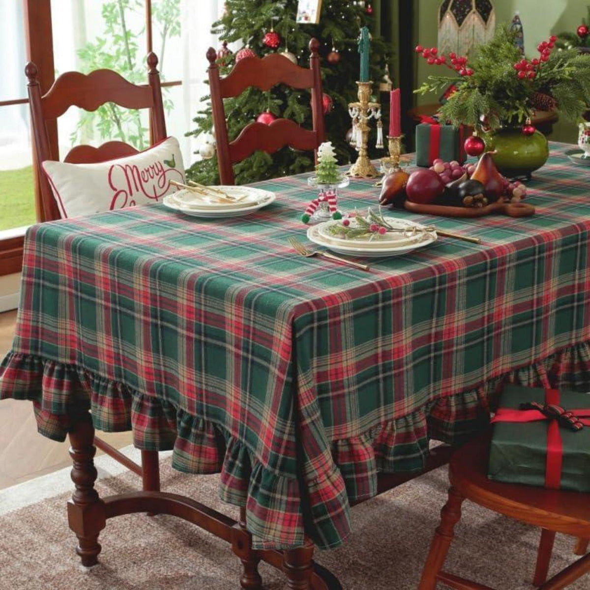 Baumwoll-Leinen Tischdecke mit Rüschen | 152x305cm | Landhausstil