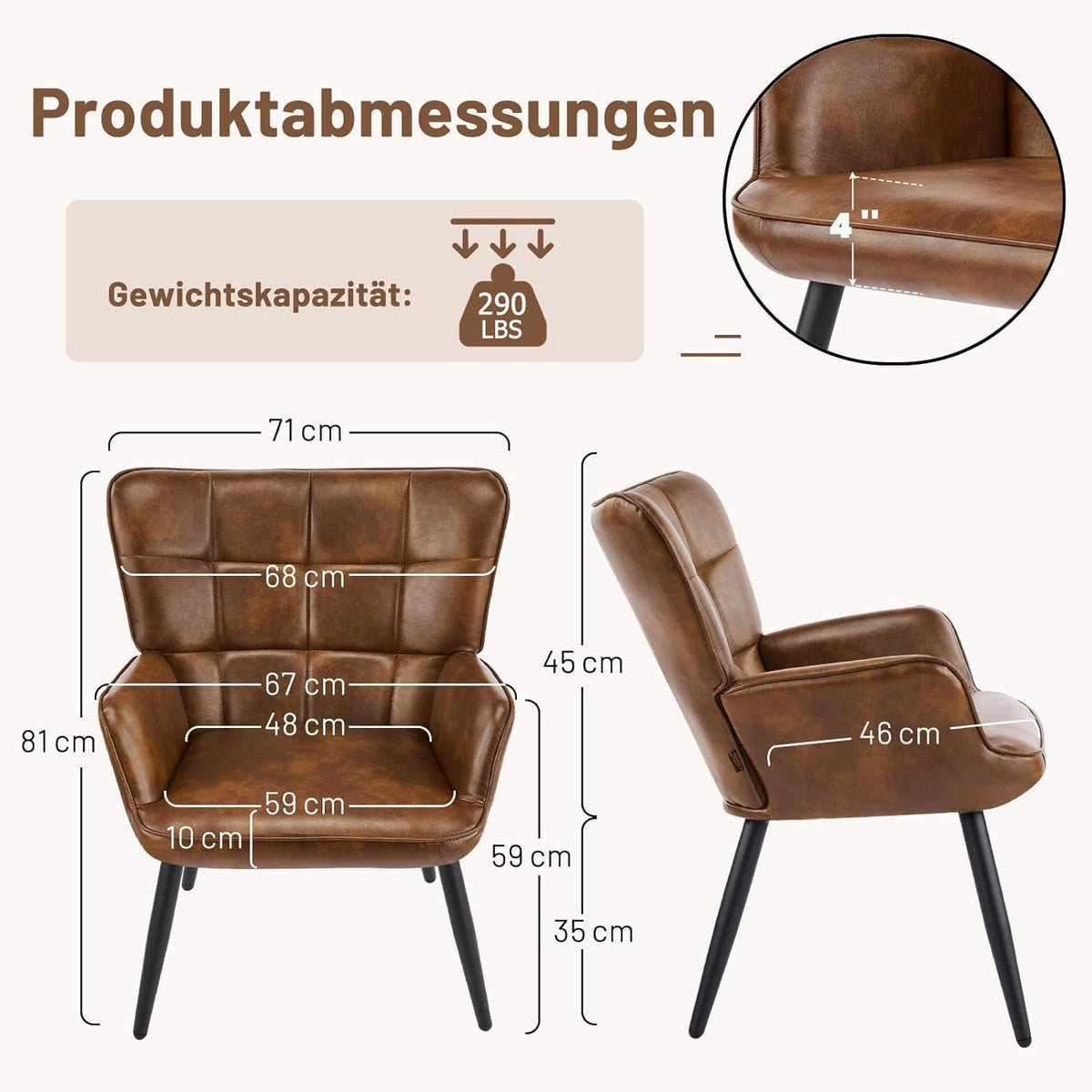 Ohrensessel Wohnzimmer Skandinavisch Braun – Bequemer Loungesessel
