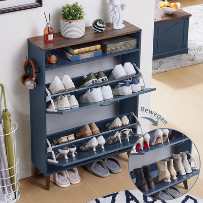 Schmaler Schuhschrank blau mit 2 Klappen – Rattan & Boho-Stil