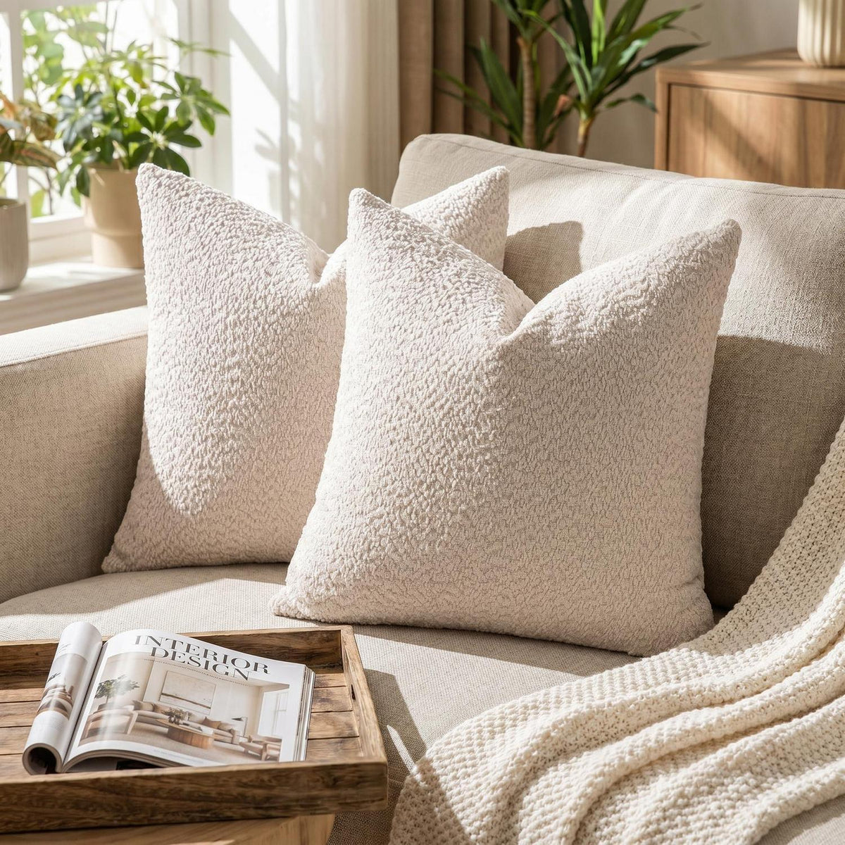 2x Chenille Kissenbezug 55x55cm - Weiche Bouclé Optik