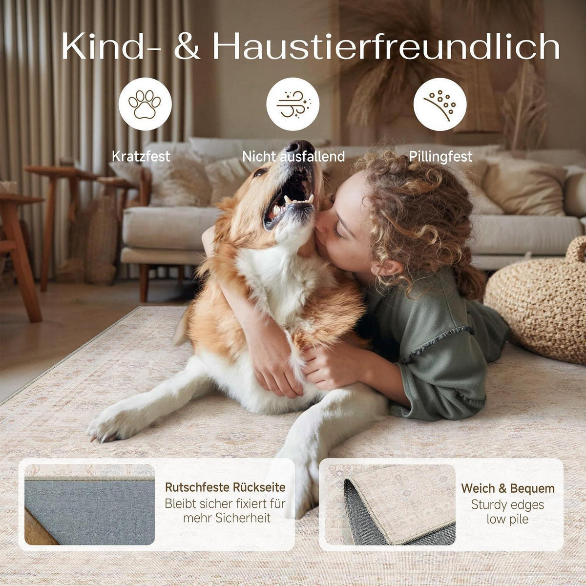 Waschbarer Vintage Teppich Hellbeige 160x230cm