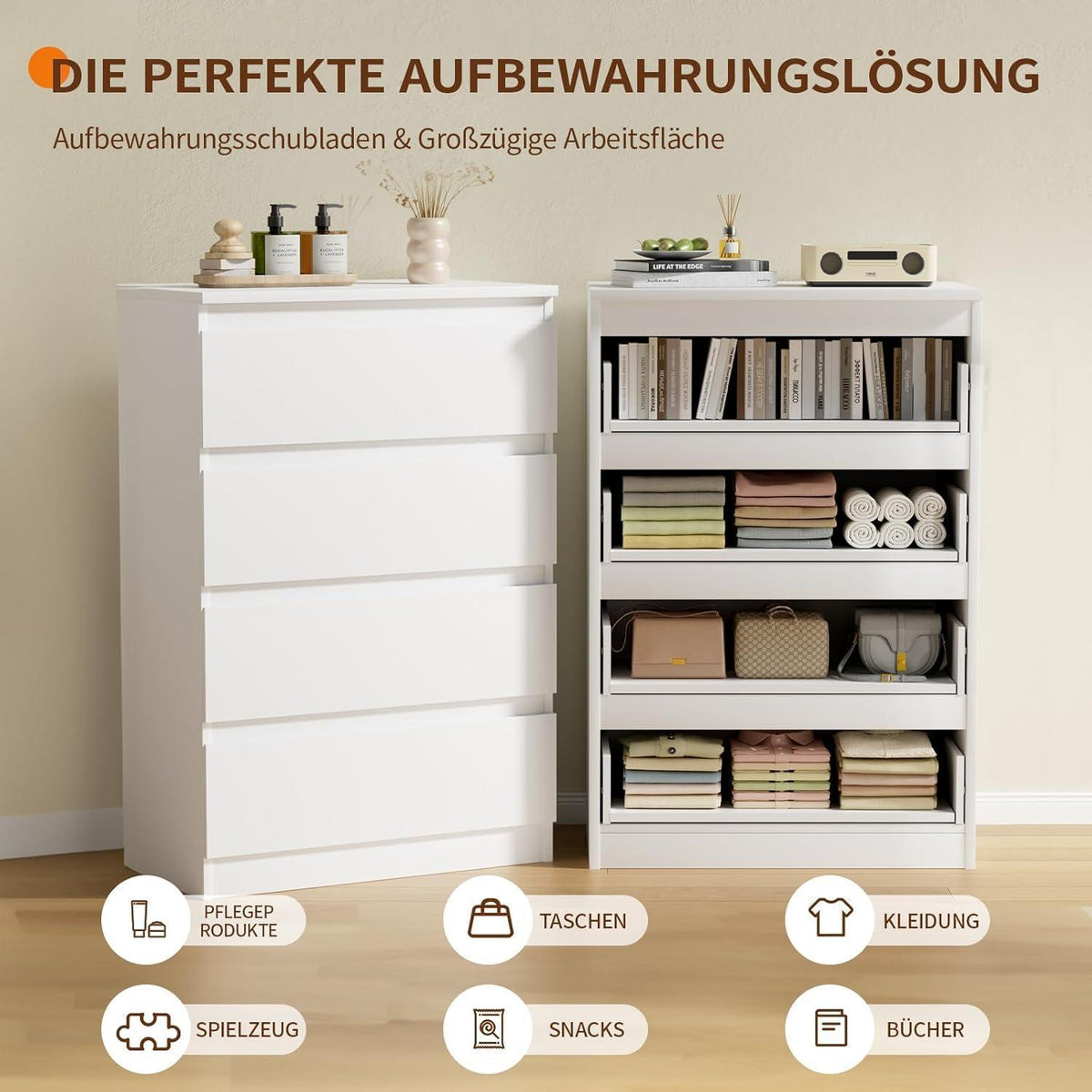 Weiße Kommode mit 4 Schubladen – 70x40x95 cm
