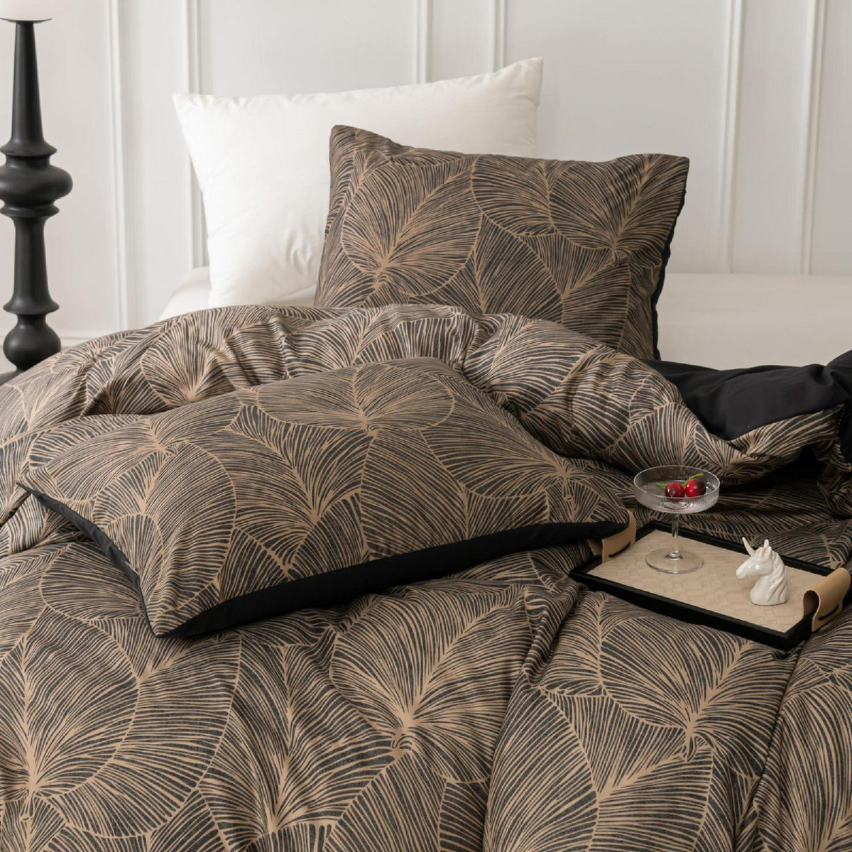 Mikrofaser Bettwäsche Set 135x200 cm, Taupe Blätter-Braun