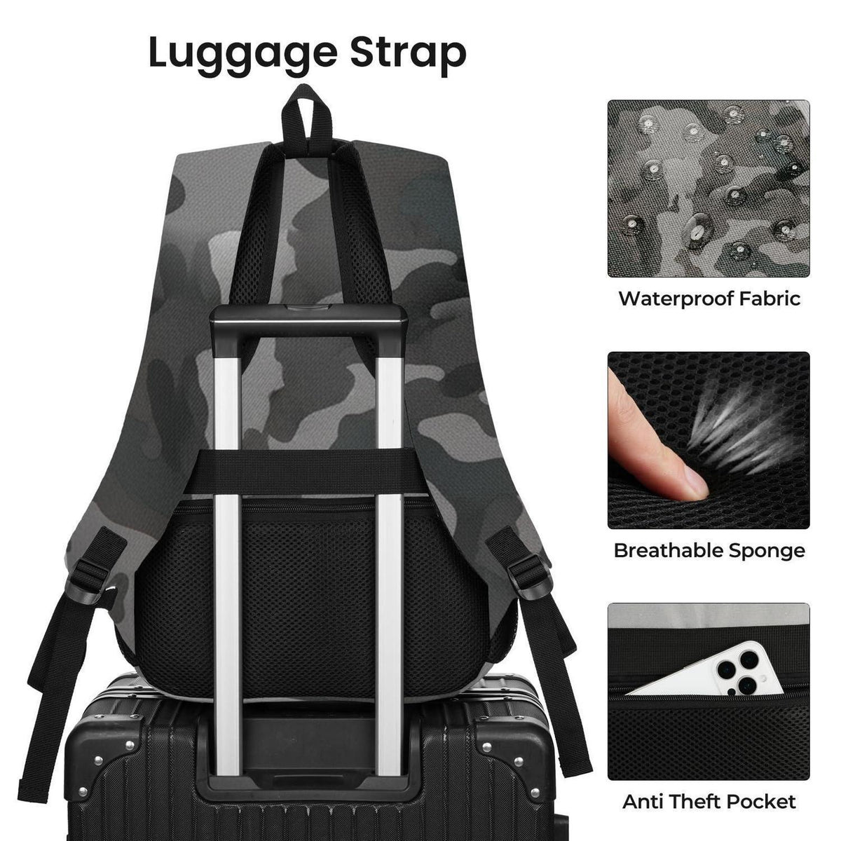 Laptop Rucksack 17,3 Zoll – Wasserdichter Schulrucksack Schwarz Camo