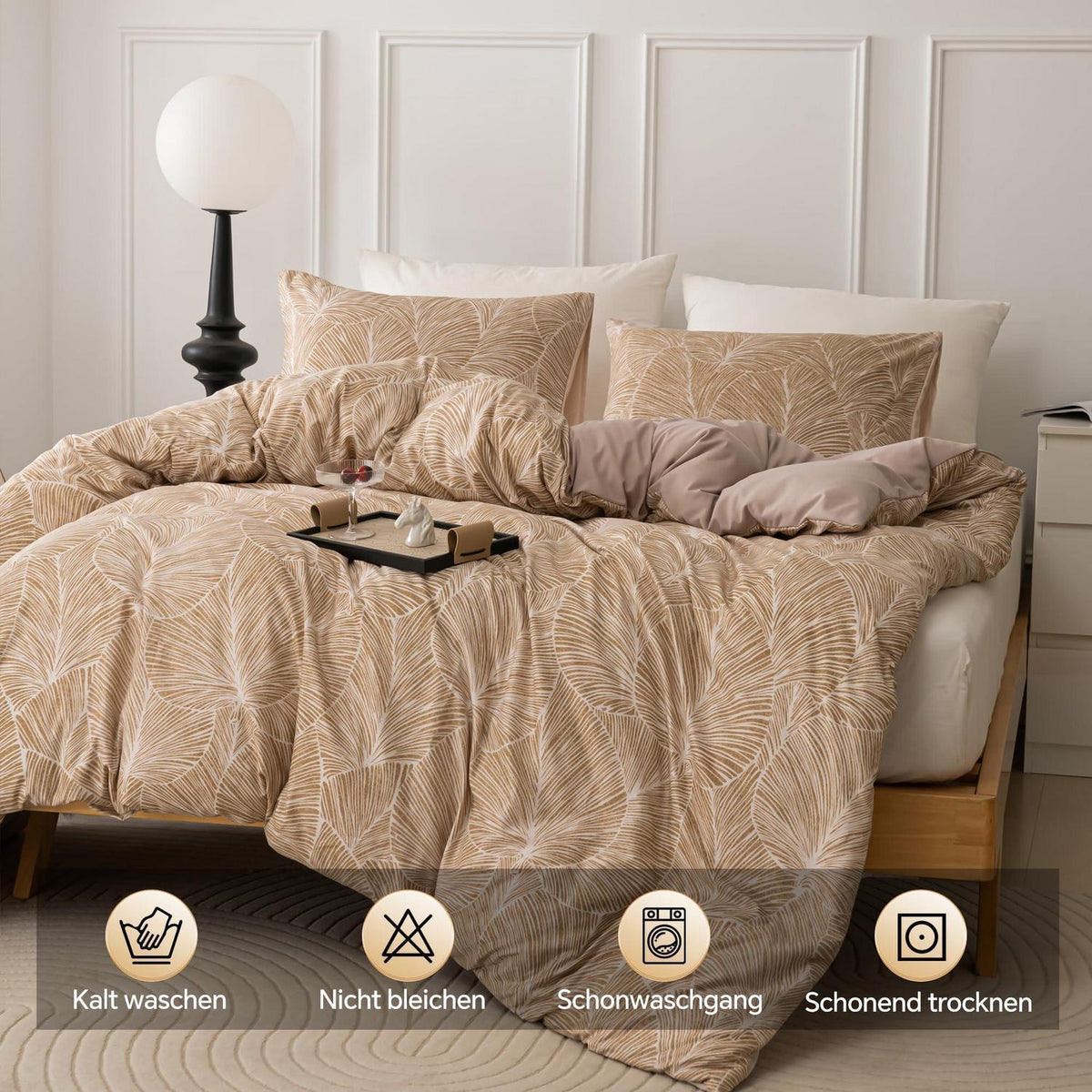 Mikrofaser Bettwäsche Set 135x200 cm Beige Blätter-hellbraun
