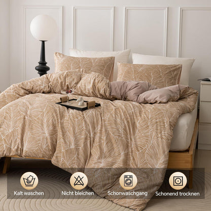 Mikrofaser Bettwäsche Set 135x200 cm Beige Blätter-hellbraun