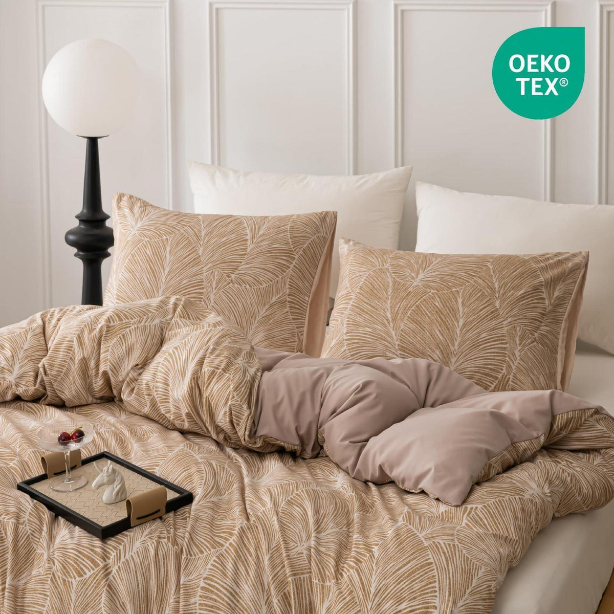 Mikrofaser Bettwäsche Set 135x200 cm Beige Blätter-hellbraun