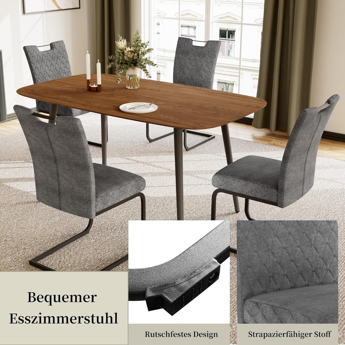 Schwingstuhl Set 2 Grau – Bequemer Esszimmerstuhl mit Sitzkissen