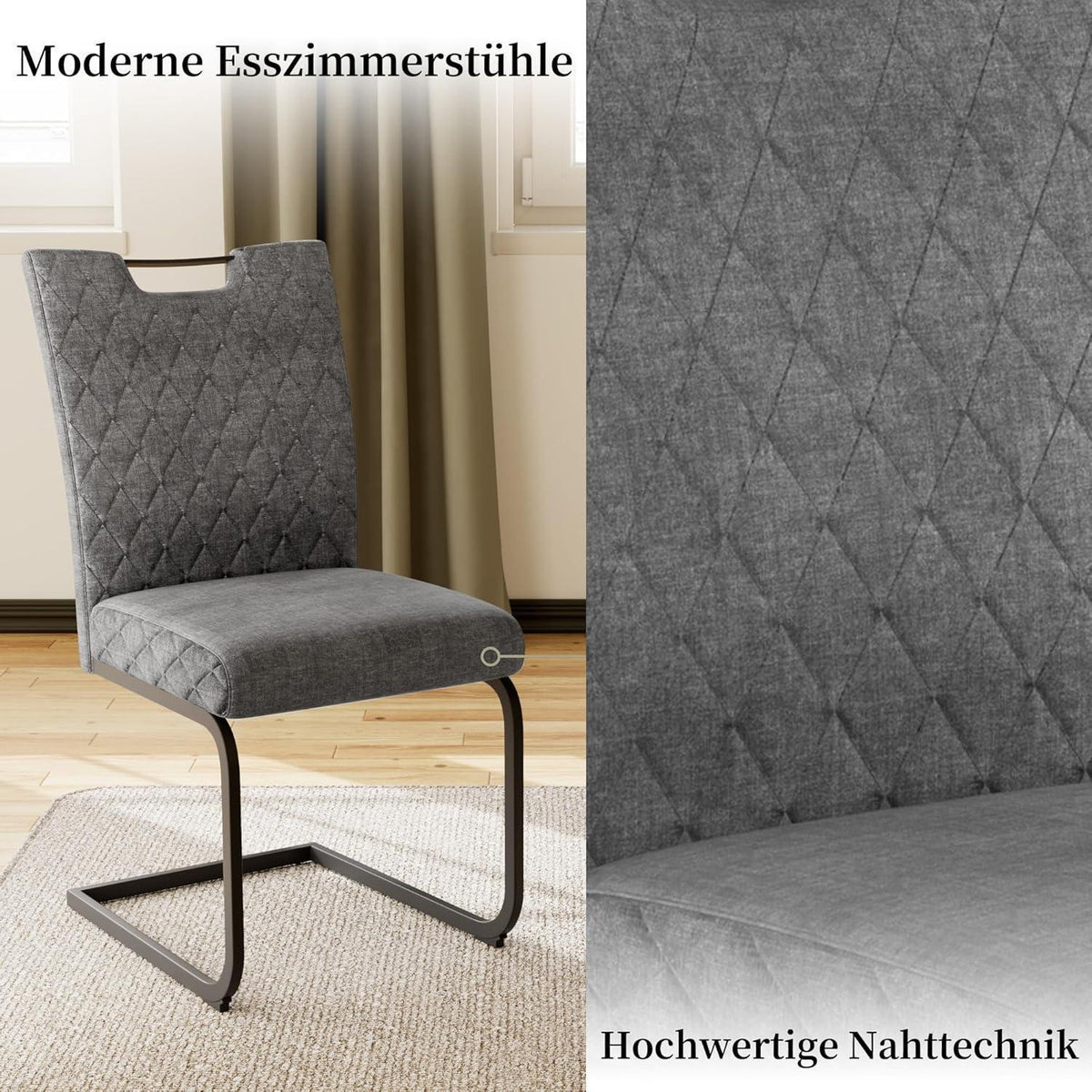 Schwingstuhl Set 2 Grau – Bequemer Esszimmerstuhl mit Sitzkissen