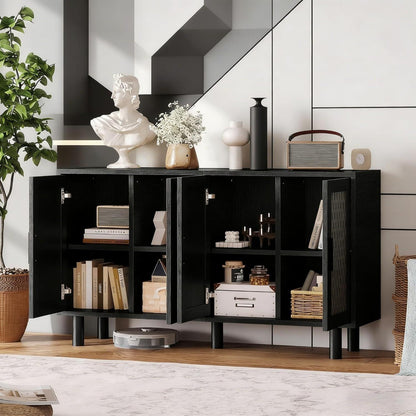 Retro Sideboard mit Rattan – 140x40x80cm, verstellbare Böden