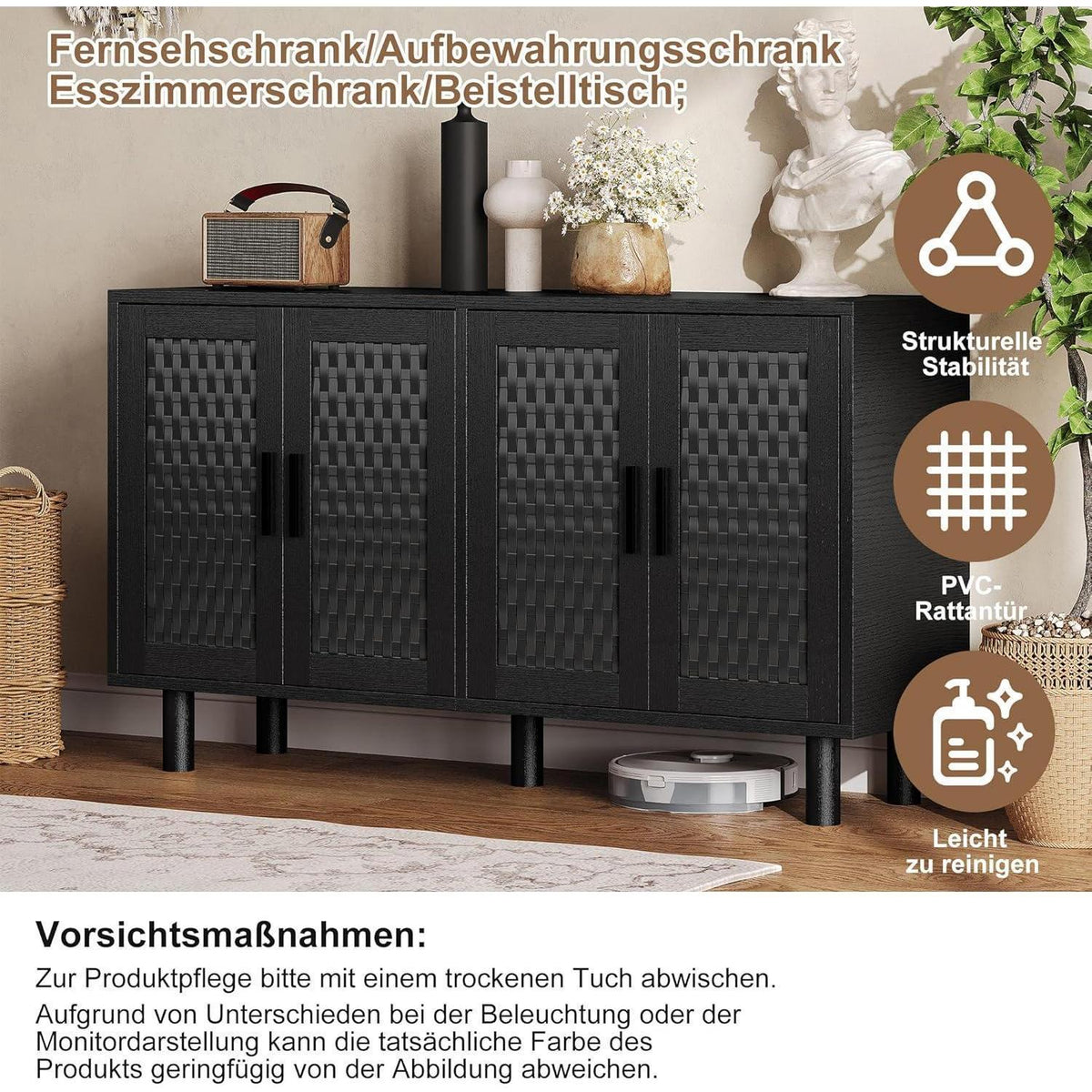 Retro Sideboard mit Rattan – 140x40x80cm, verstellbare Böden