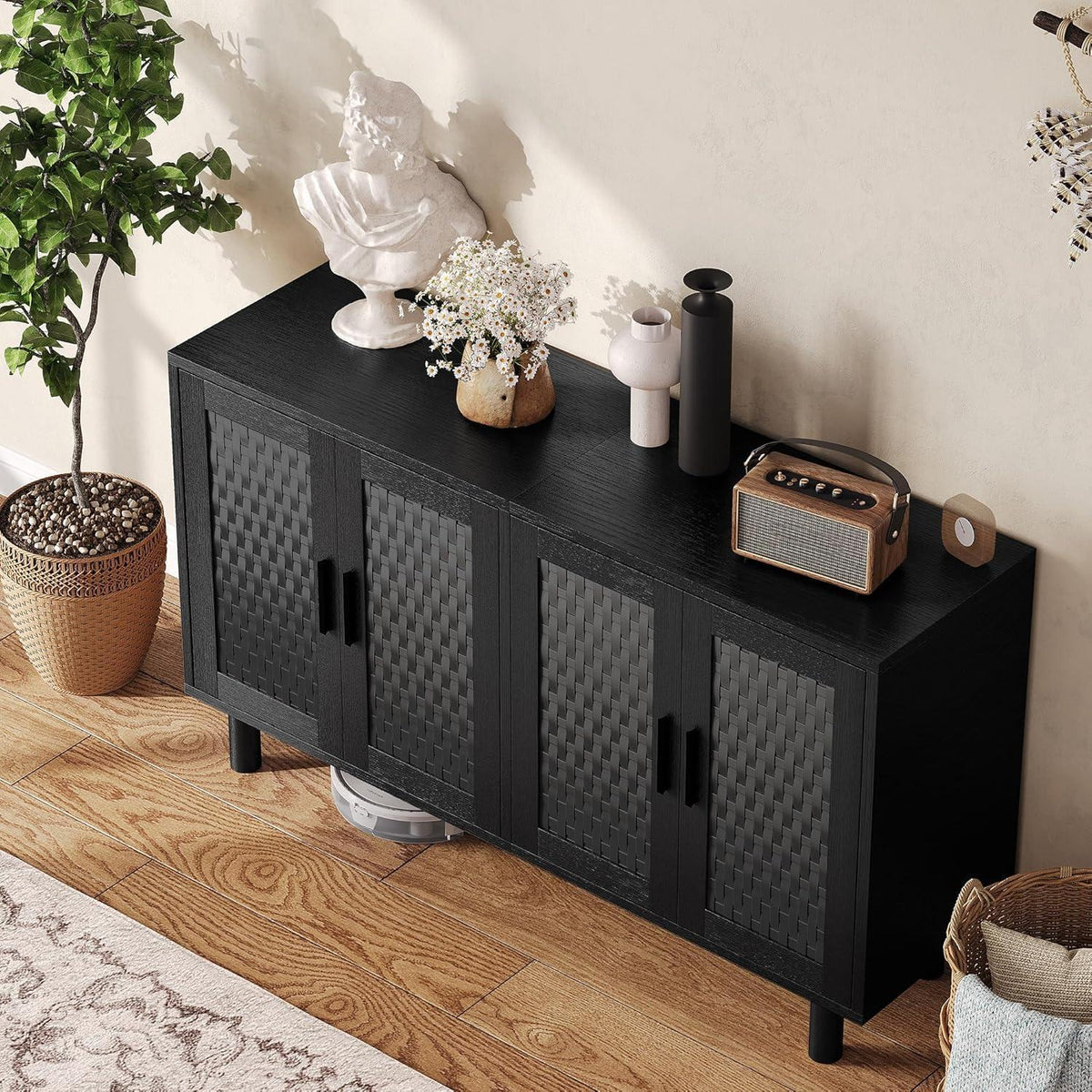 Retro Sideboard mit Rattan – 140x40x80cm, verstellbare Böden