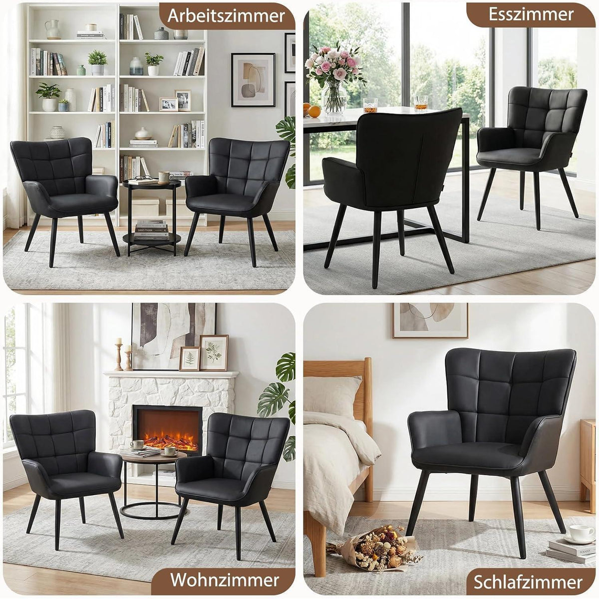 2er Set Ohrensessel Wohnzimmer Schwarz - Skandinavischer Stil