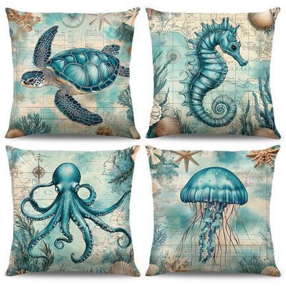 4er-Set Maritime Kissenbezüge 40x40cm - Ozean Dekor