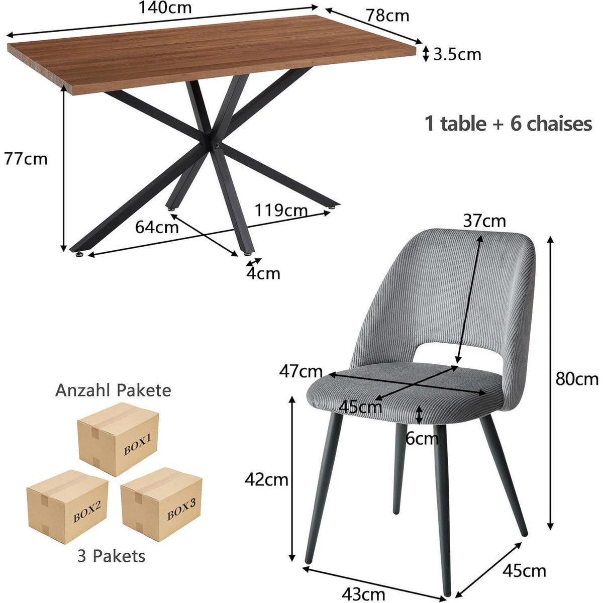 Esstisch Set mit 6 Cord-Stühlen – Modernes Esszimmer-Ensemble