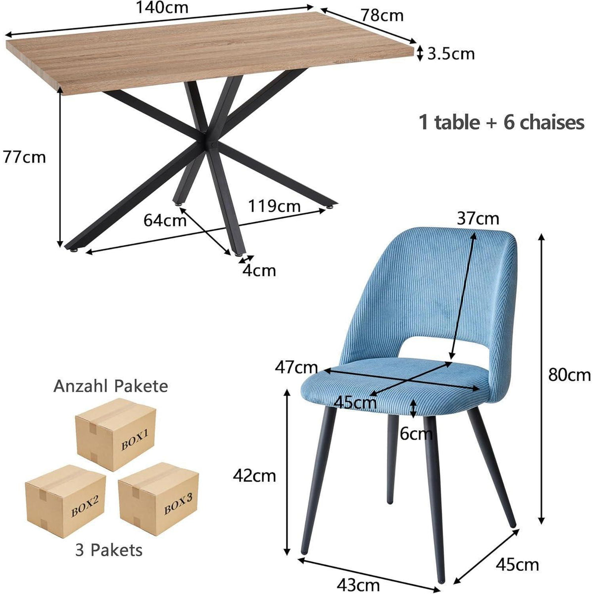 Moderner Esstisch Set mit 6 Cord-Stühlen (140x80cm)