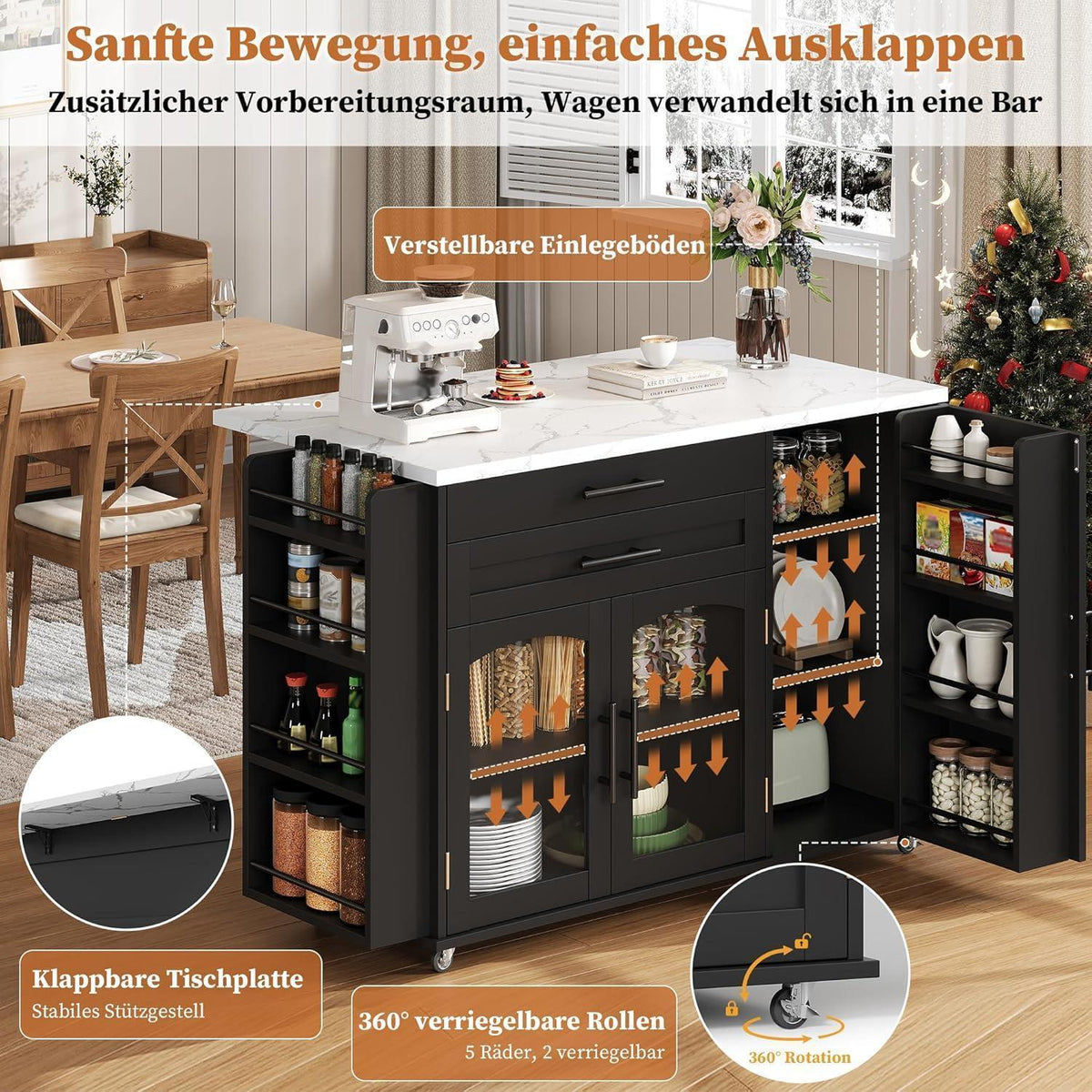 Küchenwagen mit Rollen & Klappplatte – Servierwagen Schwarz