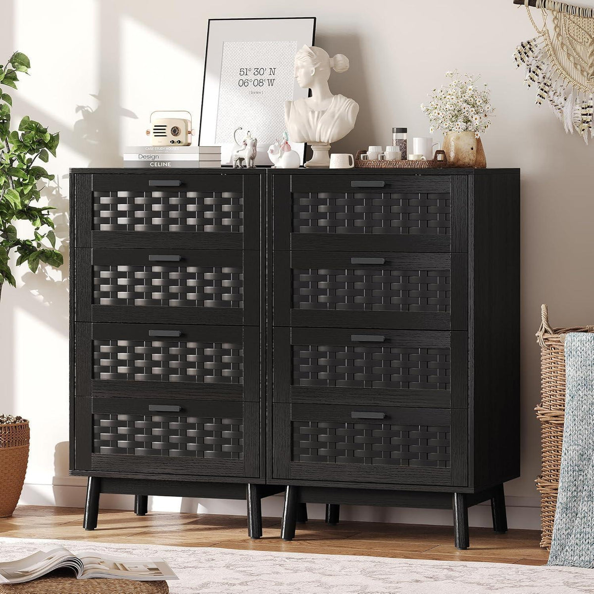 Kommode 4 Schubladen Holz Schwarz 55x40x95cm Flechtoptik