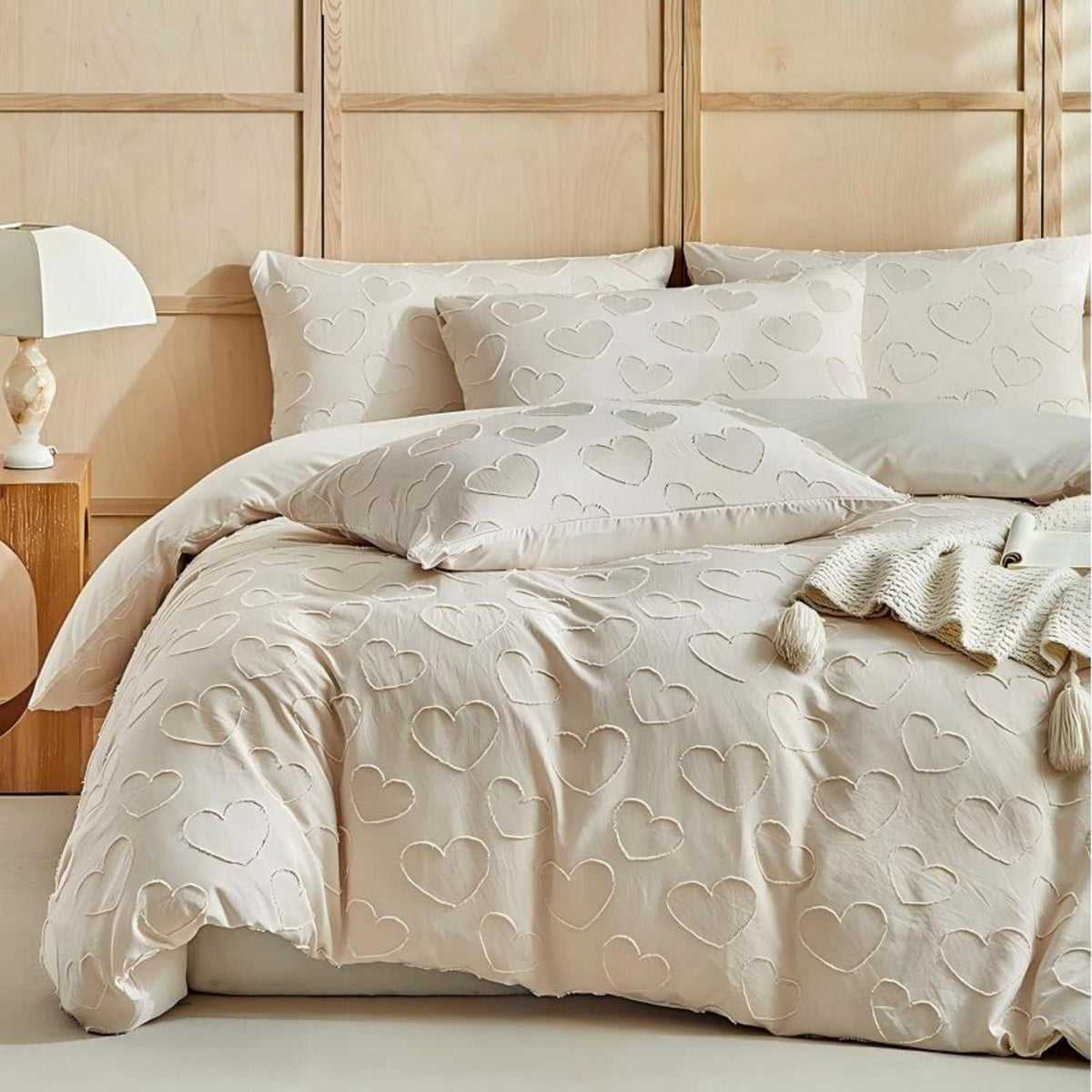 Bettwäsche-Set Boho Beige mit Herz-Stickerei 200x220cm