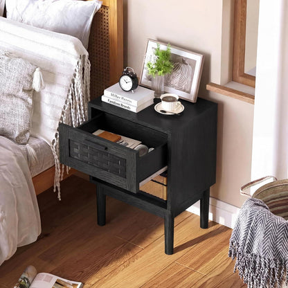 Rattan Nachttisch 2er Set Schwarz – Boho Beistelltisch mit Schublade