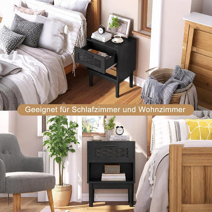 Rattan Nachttisch 2er Set Schwarz – Boho Beistelltisch mit Schublade