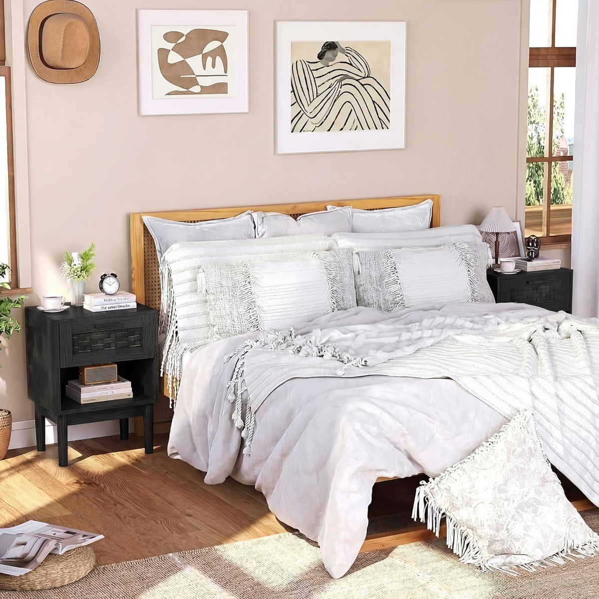 Rattan Nachttisch 2er Set Schwarz – Boho Beistelltisch mit Schublade