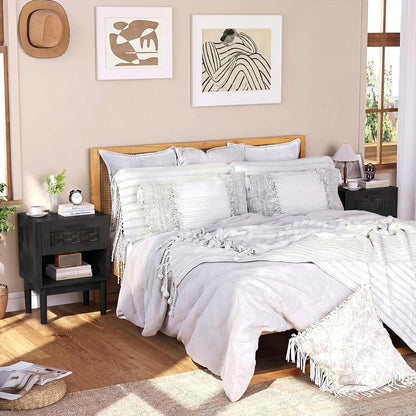 Rattan Nachttisch 2er Set Schwarz – Boho Beistelltisch mit Schublade