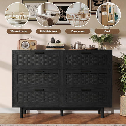 Kommode 6 Schubladen Holz Schwarz 115x40x80cm Flechtoptik