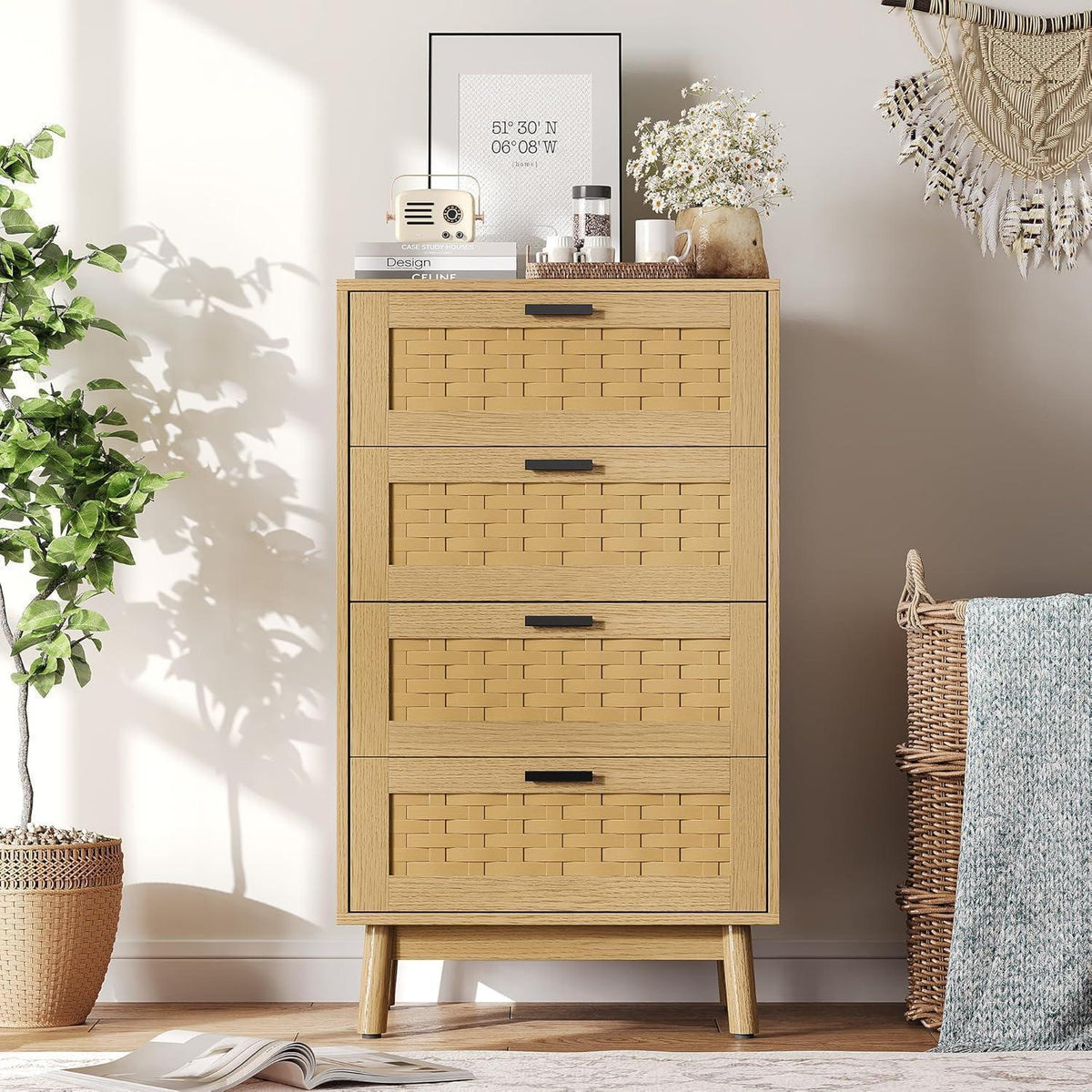 Kommode 4 Schubladen Holz – Flechtoptik, 55x40x95cm